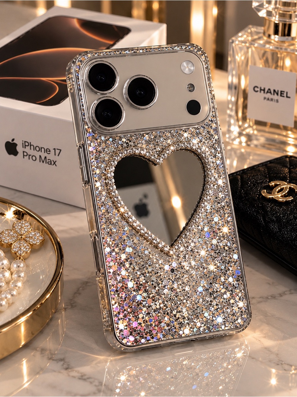 Apple Sparkling Silver Heart Mirror Case for iPhone 17 Pro Max